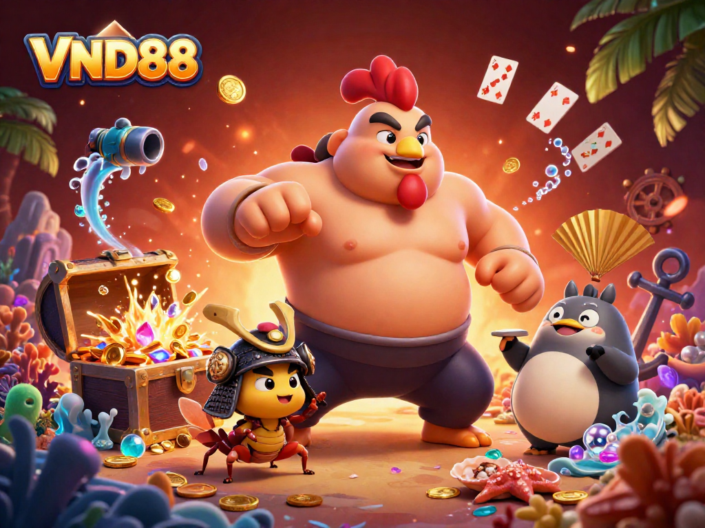 Engage with VND88's thrilling casino adventures featuring a dynamic sumo rooster and samurai cricket!